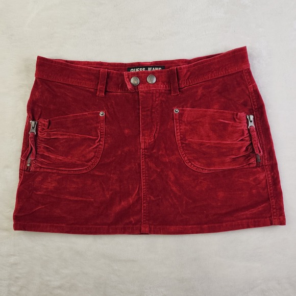 Guess Jeans Dresses & Skirts - Vintage 90s Guess Velour Micro Mini Skirt Womens 27 Red Cargo Utility Whimsigoth
